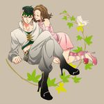  1girl black_hair brown_hair earrings flower green_eyes headband high_heels jewelry jojo_no_kimyou_na_bouken kishibe_rohan midriff p-geist2 shoes short_hair sugimoto_reimi zipper 