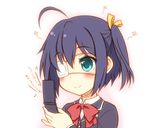  ahoge aqua_eyes blue_hair blush bow cellphone chuunibyou_demo_koi_ga_shitai! eyepatch hair_ribbon musical_note one_side_up phone ribbon school_uniform smile solo takanashi_rikka translated yamasan 