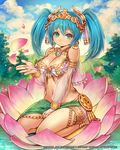  anklet aqua_eyes aqua_hair armlet bare_shoulders barefoot between_legs breasts bridal_gauntlets character_request choker cleavage cloud crown earrings hand_between_legs jewelry large_breasts looking_at_viewer lotus_pedestal midriff nature navel necklace on_flower petals seikon_no_arcana seiza shigatake short_hair sitting sky smile solo twintails 