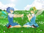  ankle_socks bad_id bad_pixiv_id blue_dress blue_hair blue_sky bow cirno closed_eyes cloud clover clover_(flower) daiyousei day dress fairy_wings flower giving grass hair_bow hair_flower hair_ornament mary_janes meadow multiple_girls outdoors parted_lips puffy_sleeves rinriki shoes short_hair short_sleeves side_ponytail sitting sky smile thighhighs touhou wariza wings wreath 