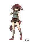  animal_ears bandages brown_hair character_name dog_ears dog_tail fang gloves kneehighs magic:_the_gathering multicolored multicolored_eyes open_mouth oshiruko_(tsume) personification scratching_cheek shorts sleeveless sleeveless_turtleneck socks solo tail turtleneck zipper 