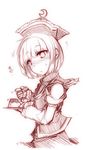  blush crescent eating food hat kazetto long_sleeves lunasa_prismriver monochrome pudding short_hair sketch solo spoon sweatdrop touhou 