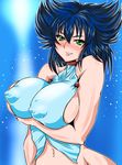  bare_shoulders bastard!! black_hair blush breast_hold breasts covered_nipples frakensteinko green_eyes highres huge_breasts kai_harn midriff navel short_hair smile solo 