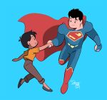  1boy 1girl black_hair blue_background blue_eyes bodysuit brown_eyes cape clark_kent comickergirl dc_comics earrings highres holding_hands jewelry lois_lane my_adventures_with_superman open_mouth shirt signature smile stud_earrings superhero_costume superman superman_(series) superman_logo t-shirt 