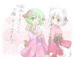  ;d alternate_costume animal_ears blush fang floral_background floral_print flower furisode green_eyes green_hair hagoita hair_flower hair_ornament hanetsuki happy_new_year inubashiri_momiji japanese_clothes kasodani_kyouko kimono looking_at_viewer looking_back multiple_girls new_year obi one_eye_closed open_mouth paddle red_eyes sash shino_megumi short_hair shuttlecock smile tail touhou translated wolf_ears wolf_tail 