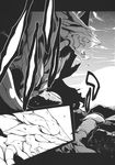  comic forest giant_monster greyscale highres hokuto_(scichil) monochrome monster mountain nature no_humans sunset touhou 