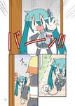  &gt;_&lt; :3 :d aqua_hair blonde_hair chibi_miku closed_eyes comic detached_sleeves dog hair_ribbon hamo_(dog) hatsune_miku kagamine_rin long_hair minami_(colorful_palette) multiple_girls necktie o_o open_mouth ribbon shirt short_hair silent_comic skirt smile twintails vocaloid xd |_| 