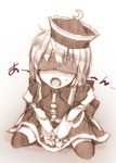  blindfold blush crescent facing_viewer hat kazetto long_sleeves lunasa_prismriver monochrome open_mouth short_hair sitting sketch skirt solo sweatdrop thighhighs touhou v_arms 