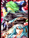  animal_ears bad_id bad_pixiv_id black_rock_shooter black_rock_shooter_(character) blue_hair burning_eye closed_eyes crossover doraemon doraemon_(character) food fruit glowing glowing_eye goggles goggles_on_head green_hair gumi hands_clasped hat highres hinanawi_tenshi kemonomimi_mode long_hair multiple_girls nora_wanko open_mouth own_hands_together peach pillarboxed red_eyes touhou vocaloid 