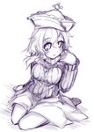  blush breasts hat kazetto medium_breasts merlin_prismriver monochrome ribbed_sweater sitting sketch skirt smile solo sweater touhou 