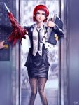  elevator eyeshadow formal jacket lipstick makeup necktie office_lady original pantyhose pencil_skirt red_hair rita_(mark) s_zenith_lee skirt skirt_suit solo suit umbrella wet 