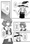  ascot bad_id bad_pixiv_id braid closed_eyes comic crossed_arms english greyscale hair_ribbon hat hat_ribbon kazami_yuuka kirisame_marisa monochrome multiple_girls nightmarejan ribbon single_braid touhou witch_hat 