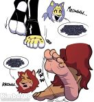 2022 5_toes anthro artist_name barefoot black_nose black_stirrups blue_hair dex_caliber dialogue digital_drawing_(artwork) digital_media_(artwork) duo eyebrows eyes_closed fangs feet felid foot_fetish foot_focus fur hair hank_reed hi_res humanoid_feet kimberco leopard lion male mammal meow motion_lines onomatopoeia open_mouth open_smile pantherine plantigrade red_hair simple_background smile soles sound_effects speech_bubble stirrup_legwear talking_to_another tan_body tan_fur tan_soles tapping_foot teeth text toes white_background white_body white_fur white_soles yellow_body yellow_fur