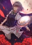  ashiwara_yuu braid flower full_moon izayoi_sakuya maid maid_headdress moon night pocket_watch red_eyes rose short_hair silver_hair sky solo touhou twin_braids watch 