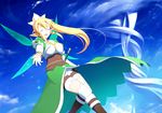  :d ^_^ blonde_hair boots closed_eyes day kyokucho leafa long_hair looking_at_viewer open_mouth outstretched_arms pointy_ears ponytail sky smile solo sparkle sword sword_art_online thighhighs weapon white_legwear wings 