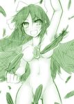  blush bow breasts censored convenient_censoring feathers hair_bow hand_up kazetto long_hair medium_breasts monochrome navel nude open_mouth reiuji_utsuho sketch smile solo third_eye touhou wings 