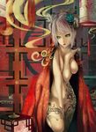  akai_kitsune bad_id bad_pixiv_id breasts flower green_hair hair_ornament hair_stick highres japanese_clothes kimono kiseru lantern large_breasts lips nipples nude original pipe smoke solo tattoo white_hair yuujo 