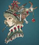  antlers aqua_background bell candle candy candy_cane christmas christmas_ornaments feathers food fork holly jingle_bell kaco mouth_hold original profile simple_background solo turkey_(food) upper_body yellow_eyes 
