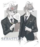  2018 anthro beauty_mark biped black_clothing black_nose blue_eyes canine clipboard clothed clothing countershading dialogue english_text eyewear frown fully_clothed fur glasses grey_background grey_fur grey_hair hair looking_away male mammal multiple_poses necktie open_mouth pants pencil_(object) pose sebastian_(zuekrz) shirt simple_background solo speech_bubble standing suit sweat sweatdrop text white_background white_clothing white_fur wolf zuekrz 