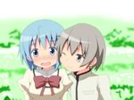  1girl blue_eyes blue_hair blush bow cheek-to-cheek grey_eyes grey_hair hetero juliet_sleeves kamijou_kyousuke long_sleeves luminous_(madoka_magica) mahou_shoujo_madoka_magica mai_(t-5) miki_sayaka one_eye_closed open_mouth puffy_sleeves school_uniform short_hair smile 