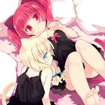  animal_ears bangs barefoot blue_eyes blunt_bangs cat_ears cat_tail dress kurasuke long_hair looking_at_viewer lying multiple_girls on_back original paw_pose pillow red_eyes red_hair sidelocks silver_hair tail twintails 