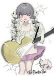  1boy 1girl :d adapted_costume akasasachii alternate_costume alternate_hairstyle blush chibi chibi_inset cropped_legs english_commentary fear_&amp;_hunger fear_&amp;_hunger_2:_termina fingerless_gloves gift_art gloves grey_hair guitar hair_ribbon highres holding holding_guitar holding_instrument instrument levi_(fear_&amp;_hunger) long_hair marina_(fear_&amp;_hunger) one_eye_closed purple_eyes ribbon simple_background smile solo sparkling_aura twintails white_background white_gloves white_ribbon 