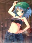  :o arm_up belly blue_eyes blue_hair blush breasts bug_(artist) cleavage clothes_around_waist groin hair_bobbles hair_ornament hand_on_hip hat highres jacket_around_waist kawashiro_nitori key looking_at_viewer medium_breasts navel pipes solo strapless touhou tubetop two_side_up 