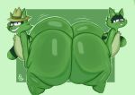 absurd_res anthro big_butt bottomless brother_(lore) brothers_(lore) bubble_butt butt butts_touching clothed clothing duo green_body green_butt happy_tree_friends hat headgear headwear hi_res huge_butt hyper hyper_butt incest_(lore) lifty_(htf) male male/male mammal procyonid raccoon shifty_(htf) sibling_(lore) simple_background size_difference yoshuacomoyoshu