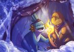 2019 3_toes ^_^ ambiguous_gender amphibian anthro bandanna bandanna_only biped blue_body blue_scales blush blush_lines charmander claws colored digital_media_(artwork) digital_painting_(artwork) duo eyes_closed feet fin fire flaming_tail forest generation_1_pokemon generation_3_pokemon green_eyes green_sclera happy hi_res kerchief kerchief_only light light_source lighting mostly_nude mudkip multicolored_body multicolored_scales namekianfrog nintendo open_mouth open_smile orange_body orange_scales orange_whiskers outside pink_tongue plant pokemon pokemon_(species) pokemon_mystery_dungeon purple_scarf quadruped red_bandanna red_kerchief roots scales scalie scarf scarf_only shaded shadow sitting smile smiling_at_another snow spike_chunsoft tail tail_fin tan_body tan_scales toe_claws toes tongue tree two_tone_body two_tone_scales whiskers white_body white_claws white_scales
