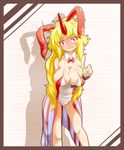  adapted_costume animal_ears bare_legs bent_over blonde_hair blush breast_squeeze breasts bunny_ears bunnysuit cleaver collarbone cuffs fake_animal_ears frame horn hoshiguma_yuugi large_breasts leotard long_hair looking_at_viewer red_eyes shackles showgirl_skirt solo touhou wavy_mouth yuuki_(yukigeshou_hyouka) 