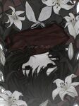  1girl black_eyes black_hair black_shirt blank_stare empty_eyes expressionless flower hair_between_eyes hair_ornament hairclip hashtag-only_commentary highres kagerou_project lily_(flower) limited_palette looking_at_viewer muted_color neckerchief no_sclera okku_9 red_scarf scarf school_uniform serafuku shirt solo tateyama_ayano upside-down white_flower white_neckerchief 