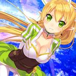  blonde_hair blush braid breasts buntan cleavage cloud elf fairy_wings green_eyes grin large_breasts leafa long_hair looking_at_viewer pointy_ears ponytail puffy_sleeves sky smile solo sword_art_online twin_braids wings 