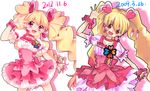  2009 2012 artist_progress before_and_after blonde_hair bow choker comparison corset cure_peach earrings fresh_precure! hair_ornament hairpin heart heart_hair_ornament highres jewelry long_hair magical_girl momozono_love pink_bow pink_choker pink_eyes pink_skirt precure skirt smile solo twintails uzuki_aki white_background wrist_cuffs 