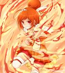  bike_shorts boots choker cure_sunny fiery_background fire grin hair_bun hino_akane_(smile_precure!) matsurinnu orange_(color) orange_choker orange_hair orange_skirt precure red_eyes red_shorts short_hair shorts shorts_under_skirt skirt smile smile_precure! solo standing standing_on_one_leg thigh_boots thighhighs white_legwear 