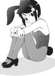  animal_ears breasts bunny_ears bunny_girl bunny_tail bunnysuit cleavage comic cynthia_the_mission detached_collar flat_chest flower greyscale hair_flower hair_ornament leg_hug looking_at_viewer mary_janes monochrome nakatsuka_yumiko pantyhose shoes short_hair sitting smile solo strapless tail takatou_rui wrist_cuffs 