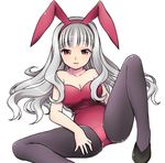  animal_ears bare_shoulders breasts bunny_ears bunnysuit cleavage idolmaster idolmaster_(classic) large_breasts long_hair looking_at_viewer masato_ayame orange_eyes pantyhose shijou_takane silver_hair simple_background solo white_background 