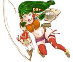  breasts feena_(grandia) from_above full_body grandia grandia_i green_hair hair_ornament hair_tubes jewelry large_breasts legs long_hair low-tied_long_hair microskirt midriff necklace oekaki red_legwear skirt solo thighhighs thighs torn_clothes torn_legwear wantsupanchi!! weapon whip white_background wide_sleeves 