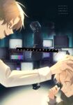  2boys black_coat black_footwear blonde_hair blue_pants boots brown_eyes brown_hair buttoned_cuffs buttons coat commentary_request copyright_name cover crt dark_background glasses hand_up highres indoors kagerou_project kano_shuuya lab_coat long_sleeves looking_at_another looking_back looking_down male_focus mokemoke_chan multiple_boys multiple_views open_mouth pants parted_lips rectangular_eyewear semi-rimless_eyewear shirt short_hair short_sleeves tateyama_kenjirou television test_card translated under-rim_eyewear white_shirt 