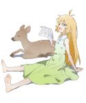  1girl absurdres ahoge bare_shoulders barefoot blonde_hair blue_eyes blush collared_dress deer dress green_dress hand_on_ground highres holding holding_paper koshi_torako kurobeko_(kur0bek0) long_hair open_mouth paper shikanoko_nokonoko_koshitantan simple_background sitting sleeveless sleeveless_dress soles solo sweat white_background 