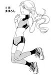  comic crop_top cynthia_rou cynthia_the_mission flat_chest greyscale hair_down halter_top halterneck highres inline_skates jumping long_hair midriff monochrome navel roller_skates shorts skates solo sweatband takatou_rui thighhighs translated 