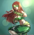  bare_shoulders blindfold braid breasts cleavage cosplay dated fighting_stance green_blindfold hannah_santos hong_meiling large_breasts league_of_legends lee_sin lee_sin_(cosplay) long_hair midriff navel pants red_hair signature solo star strapless tattoo touhou tubetop twin_braids vambraces watermark web_address 