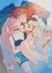  2girls absurdres ame_5000 barefoot bikini bikini_bottom_around_leg bikini_top_lift biting black_bra black_choker blue_eyes blue_shorts blush bocchi_the_rock! bottomless bra breasts cheek_biting choker cleavage clothes_lift collarbone commentary_request cube_hair_ornament fingering fingering_from_behind gotoh_hitori gotoh_hitori_(octopus) grabbing_another&#039;s_breast grabbing_from_behind groping hair_ornament hand_in_another&#039;s_hair highres kita_ikuyo large_breasts light_particles long_hair medium_breasts multiple_girls nipple_stimulation nipples open_mouth orange_bikini pillow pink_hair pussy_juice red_hair shirt shorts striped_clothes striped_shirt stuffed_dinosaur swimsuit underwear yellow_eyes yuri 