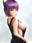  ayane_(doa) breasts dead_or_alive large_breasts looking_at_viewer naked_overalls nannacy7 no_bra overalls parted_lips purple_eyes purple_hair short_hair sideboob solo 