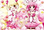  ;d bike_shorts blonde_hair bow bowtie brooch choker color_connection corset cure_happy cure_peach food fresh_precure! hair_ornament head_wings heart heart_hair_ornament heart_hands hoshizora_miyuki jewelry koron_(macarongirl27) long_hair macaron momozono_love multiple_girls one_eye_closed open_mouth pink_bow pink_choker pink_eyes pink_hair pink_neckwear pink_shorts pink_skirt precure shorts shorts_under_skirt skirt smile smile_precure! tiara twintails 