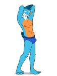 2024 3:4 5_toes anthro biped blue_body blue_clothing blue_eyes blue_feet blue_skin blue_underwear bulge clothed clothing feet fin front_view fuze gao_(fuze) generation_3_pokemon grin hands_behind_head head_fin hi_res male marshtomp navel nintendo orange_body orange_skin pinup plantigrade pokemon pokemon_(species) pokemorph pose simple_background smile solo standing tail tail_fin teeth toes underwear underwear_only white_background