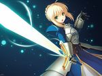  armor armored_dress artoria_pendragon_(all) blonde_hair braid cygnus_(cygnus7) dress excalibur fate/zero fate_(series) french_braid gauntlets glowing glowing_sword glowing_weapon green_eyes hair_ribbon holding light_particles open_mouth revision ribbon saber short_hair solo sword weapon 