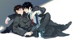  ao_no_exorcist black_hair blue_eyes blue_fire brothers fire full_body glasses male_focus multiple_boys necktie noako okumura_rin okumura_yukio pointy_ears school_uniform siblings striped striped_neckwear tail 