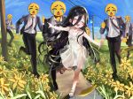  1girl 5boys absurdres aris_(blue_archive) black_hair black_jacket black_necktie black_pants blue_archive blue_sky blush_stickers day dirt dress emoji flower hair_between_eyes highres jacket long_hair meme multiple_boys necktie outdoors outstretched_arms pants path sandals sky uohhhhhhhhh!_(meme) utility_pole wellski white_dress yellow_flower 