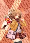  amayofuu black_legwear blush food looking_at_viewer mouth_hold original plaid plaid_scarf plaid_skirt pocky scarf short_hair skirt smile solo thighhighs twintails 