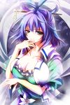  amamorient blue_hair breasts cleavage dress flower green_eyes grin hair_ornament hair_rings hair_stick kaku_seiga large_breasts shawl smile solo touhou vest 
